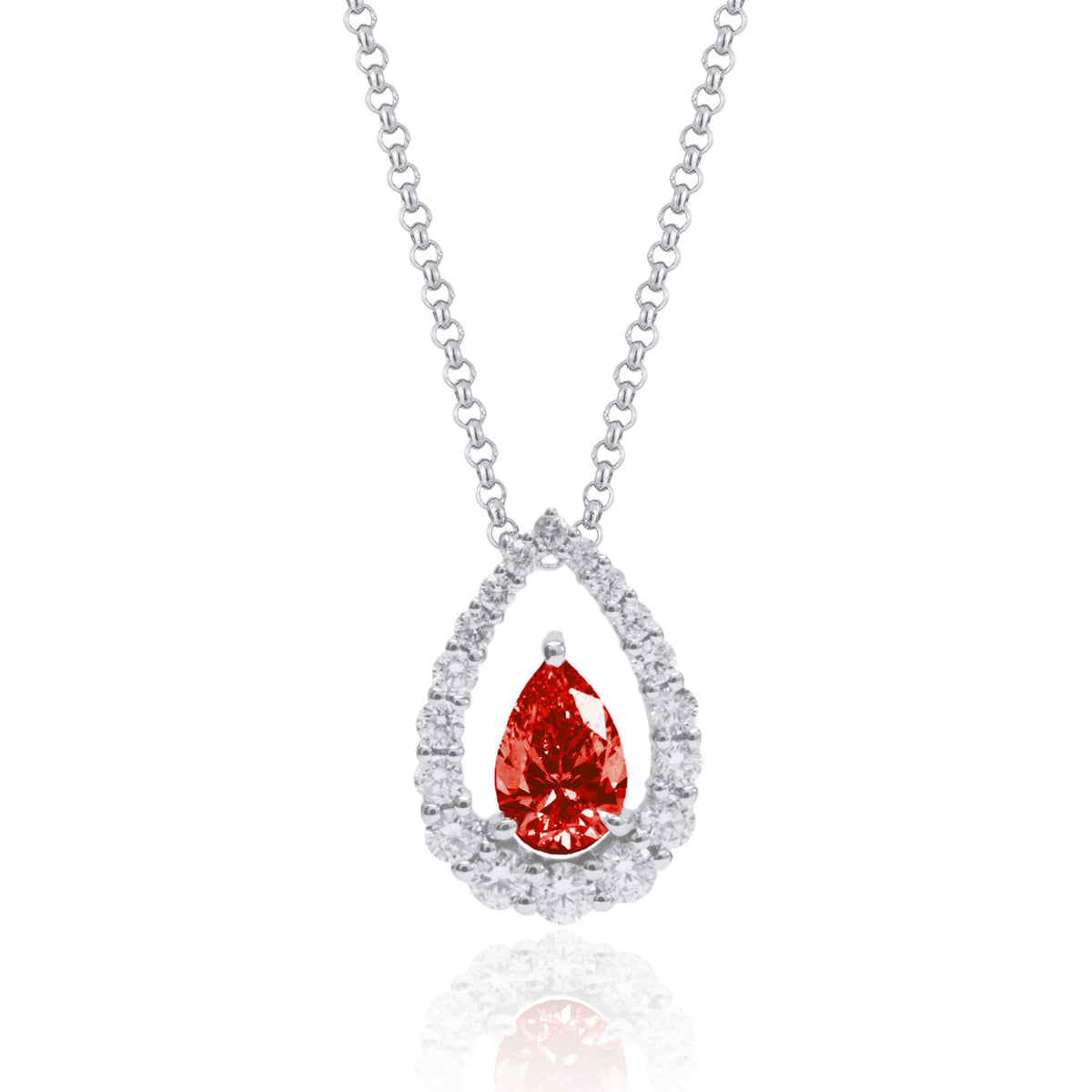 Luvente White Gold Pear Shaped Ruby and Diamond Halo Pendant