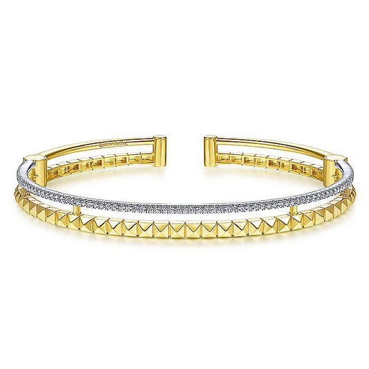 Gabriel & Co Yellow and White Gold Bangle with Pyramids and Diamonds