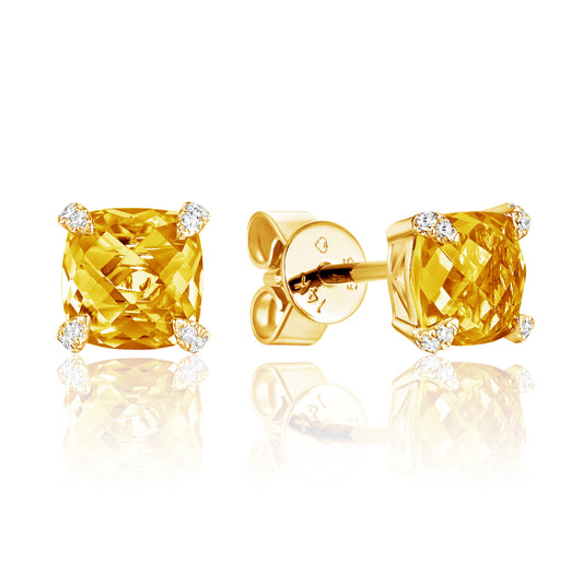 Luvente 14 Karat Yellow Gold Pavé Claw Cushion Citrine Earrings - Colored Stone Earrings