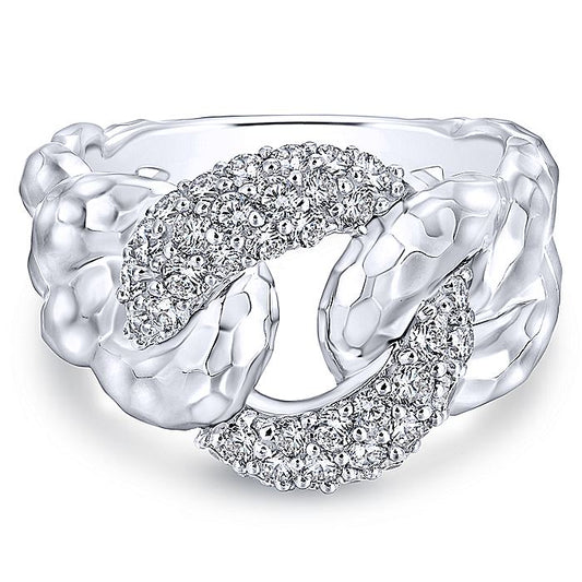Sterling Silver Hammered White Sapphire Chain Link Ring - Ladies Silver Rings