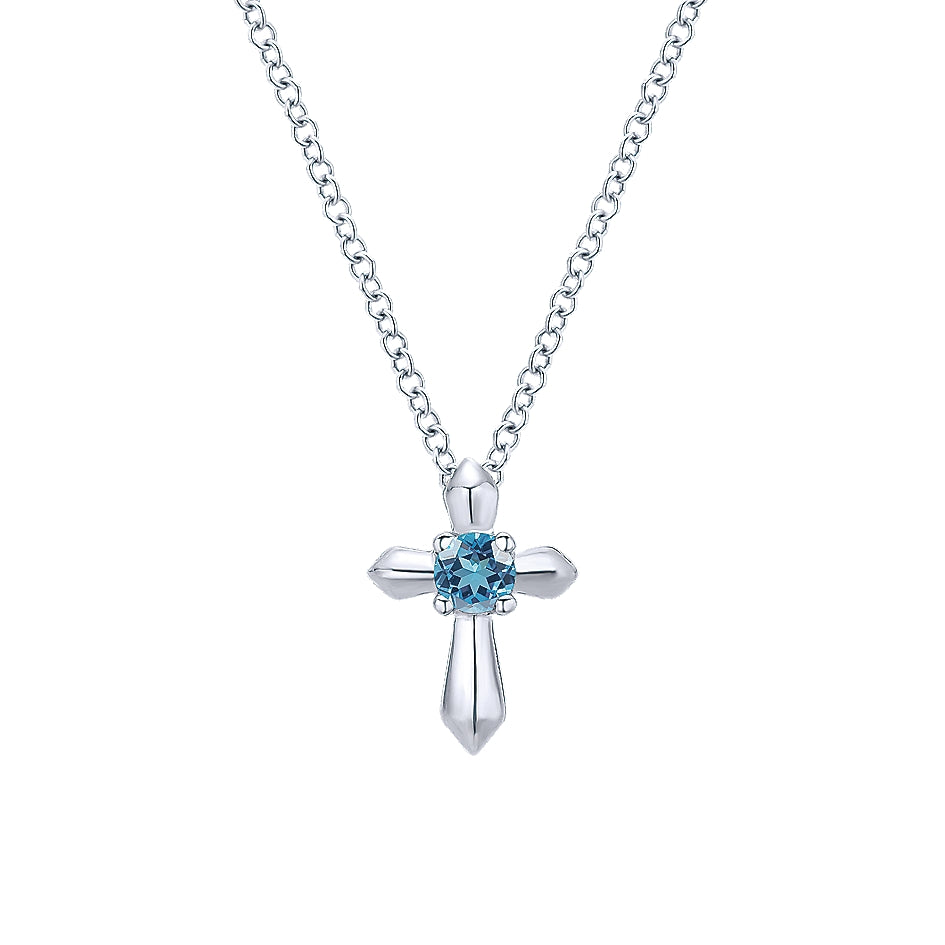 Gabriel & Co Sterling Silver Round Sky Blue Topaz Cross Necklace - Silver Necklace