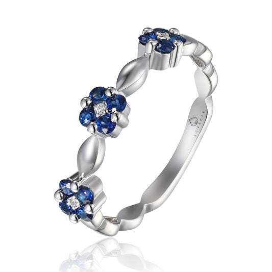 Luvente 14 Karat White Gold Three Sapphire and Diamond Flower Ring - Colored Stone Rings - Women's