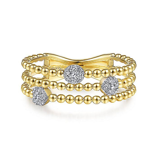 Gabriel & Co Yellow Gold Three Row Beaded Ring with Pave Diamond Cluster Stations