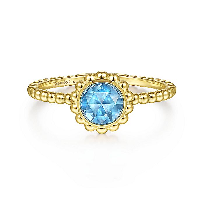 Gabriel & Co Yellow Gold Round Blue Topaz Bujukan Beaded Ring