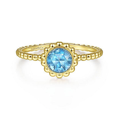Gabriel & Co Yellow Gold Round Blue Topaz Bujukan Beaded Ring