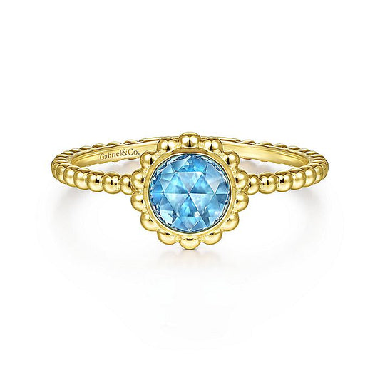 Gabriel & Co Yellow Gold Round Blue Topaz Bujukan Beaded Ring