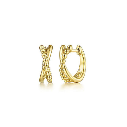 Gabriel & Co Yellow Gold Beaded Ball Criss Cross Huggie Earrings - Gold Earrings