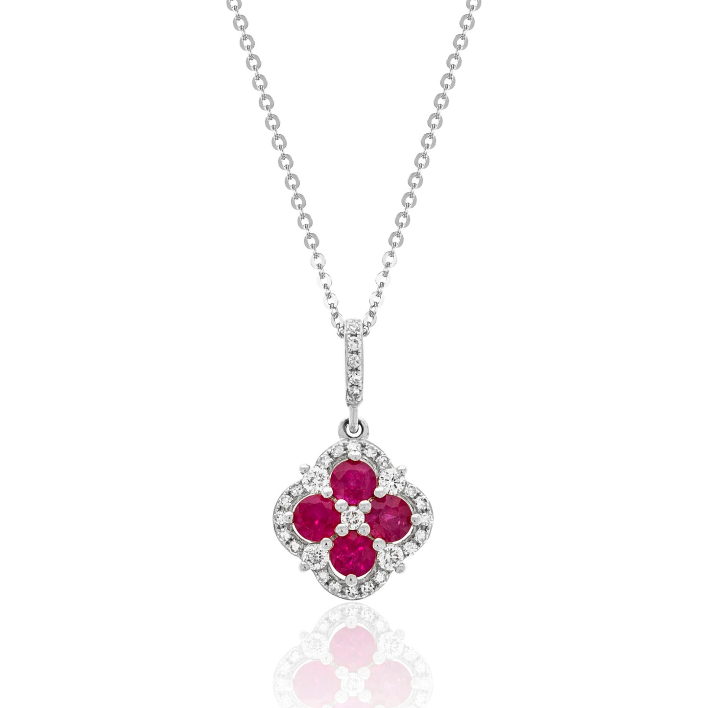 Luvente White Gold Ruby & Diamond Clover Necklace - Colored Stone Pendants