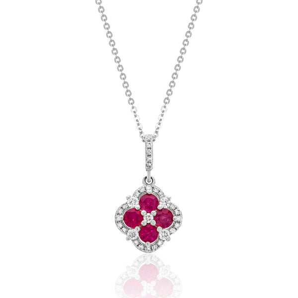 Luvente White Gold Ruby & Diamond Clover Necklace