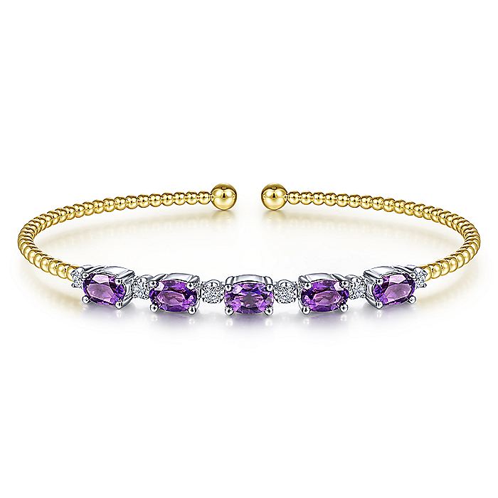 Gabriel & Co Yellow And White Gold Bujukan Bead Cuff Bracelet with Amethyst And Diamond Stations
