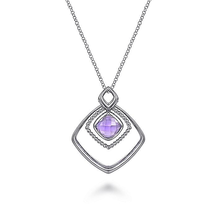 Gabriel & Co Sterling Silver Layered Squares Necklace with Pink Amethyst Drop