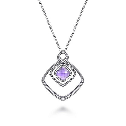 Gabriel & Co Sterling Silver Layered Squares Necklace with Pink Amethyst Drop