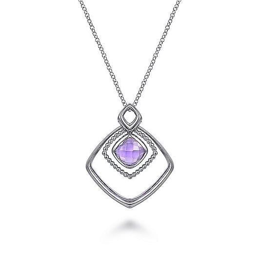 Gabriel & Co Sterling Silver Layered Squares Necklace with Pink Amethyst Drop