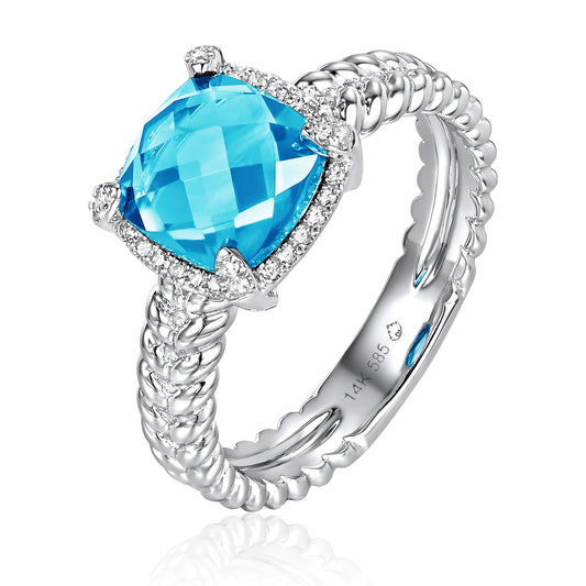 Ladies Luvente 14 Karat White Gold Cushion Cut London Blue Topaz Ring