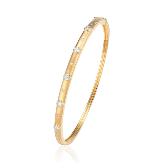 Luvente 14 Karat Yellow Gold Matte' Finish Bezel Set Diamond Bangle Bracele - Diamond Bracelets