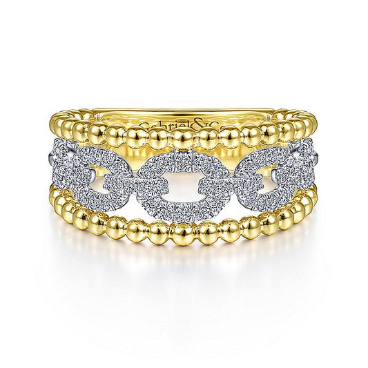 Gabriel & Co  White And Yellow Gold Pavé Diamond Link and Bujukan Bead Ring
