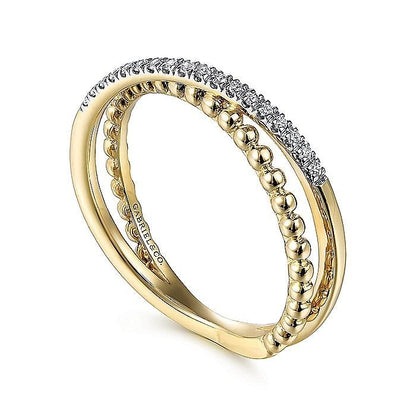 Gabriel & Co Yellow Gold Bujukan Pavé Diamond Criss Cross Stackable Ring