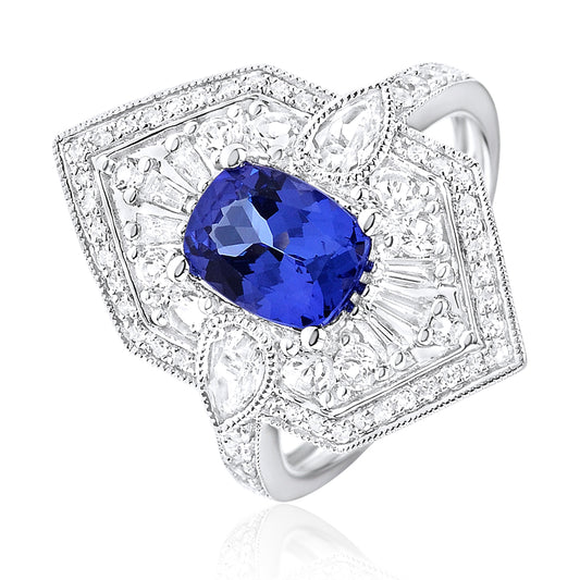 Luvente 14 Karat White Gold Vintage Style Tanzanite and Diamond Ring