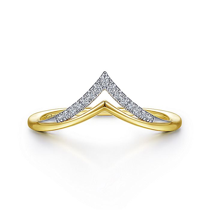 Ladies Gabriel & Co Yellow And White Gold Curved Double Row Diamond V Ring