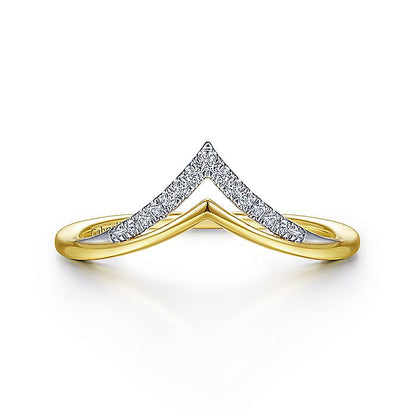 Ladies Gabriel & Co Yellow And White Gold Curved Double Row Diamond V Ring