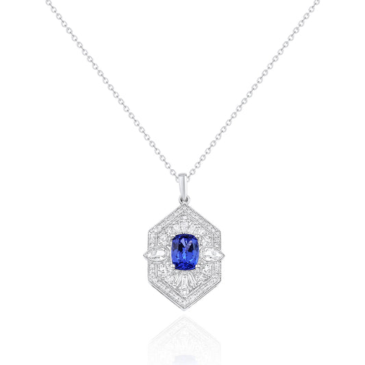Luvente White Gold Vintage Style Tanzanite and Diamond Pendant