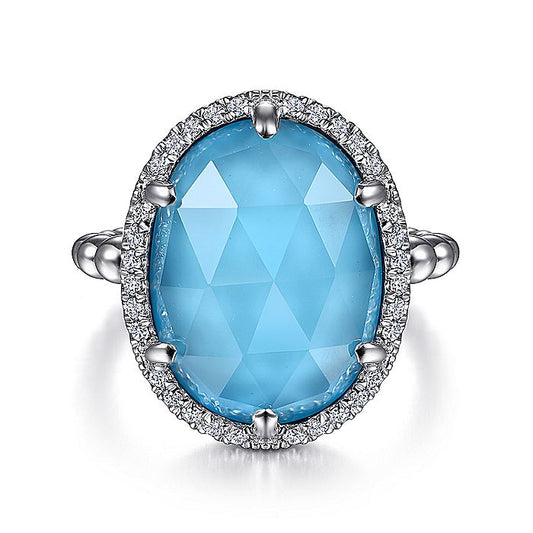 Gabriel & Co Sterling Silver White Sapphire and Rock Crystal and Turquoise Ladies Ring - Colored Stone Rings - Women's