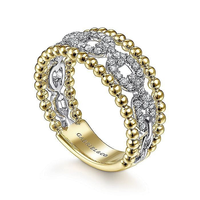 Gabriel & Co White And Yellow Gold Pavé Diamond Link and Bujukan Bead Ring - Diamond Fashion Rings - Women's