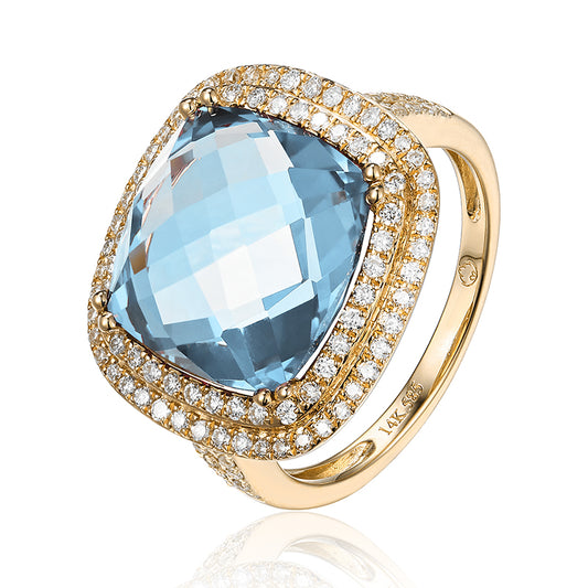 Luvente 14 Karat Yellow Gold Cushion Cut Blue Topaz Double Diamond Halo Ring - Colored Stone Rings - Women's