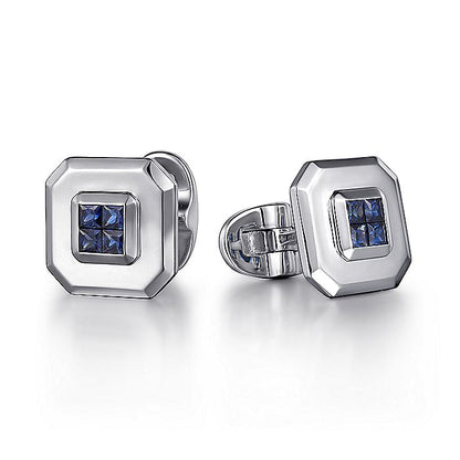 Gabriel & Co Sterling Silver Square Cufflinks with Princess Cut Sapphire Stones - Gents Cufflinks