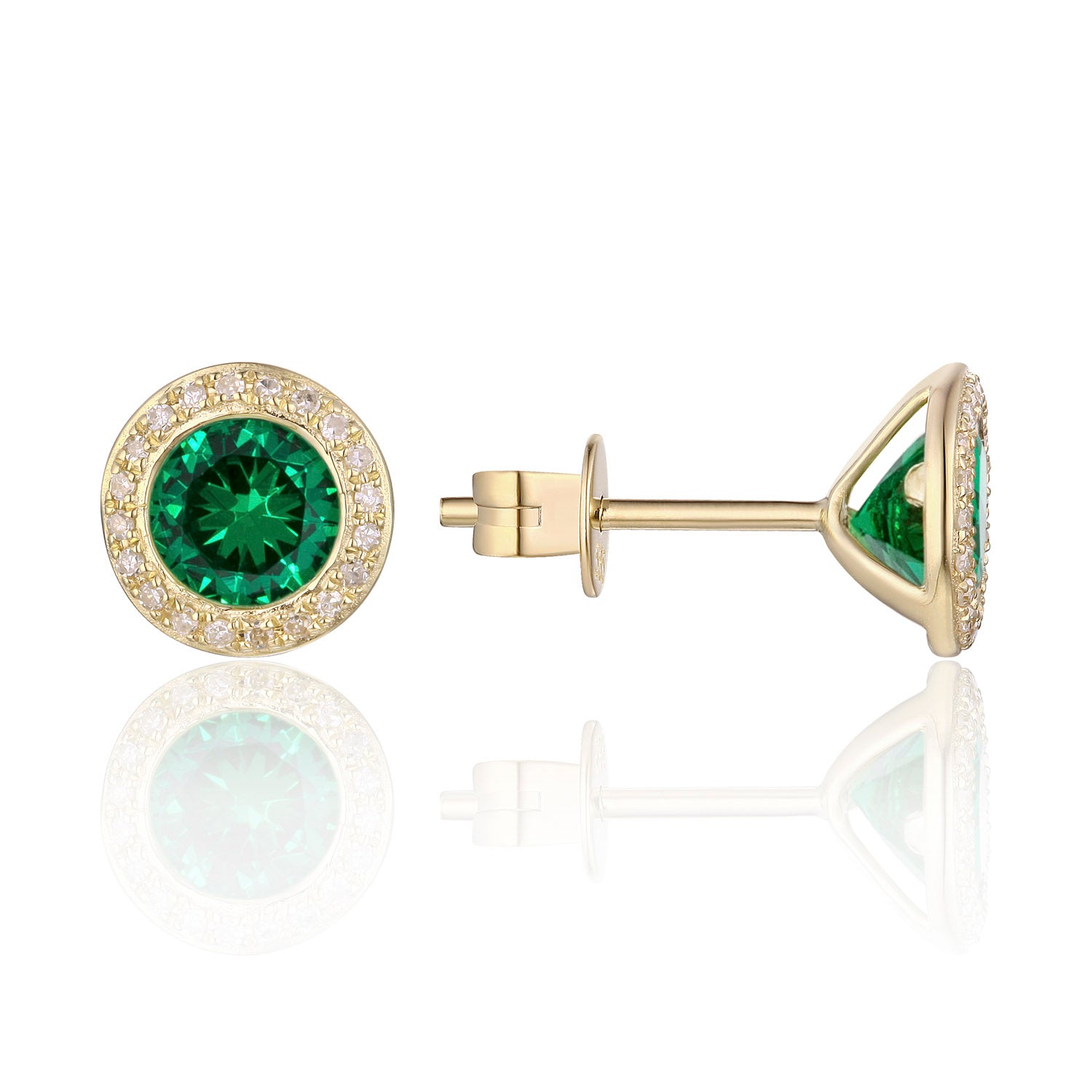 Luvente Yellow Gold Green Corundum & Diamond Halo Earrings - Colored Stone Earrings