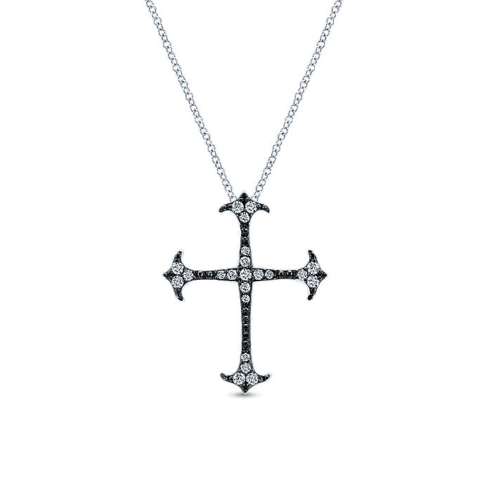 Gabriel & Co Silver Black Rhodiumed Cross White Sapphire Pendant Necklace - Colored Stone Pendants