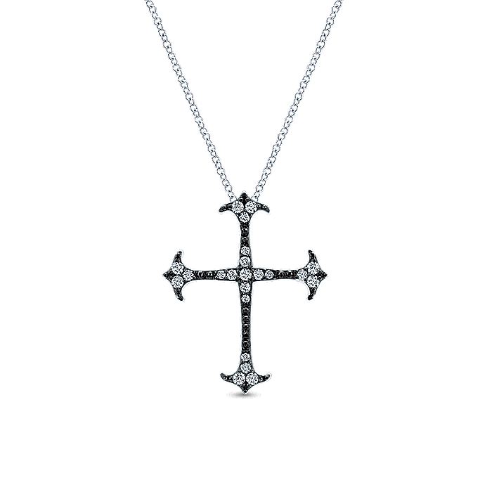 Gabriel & Co Silver Black Rhodiumed Cross White Sapphire Pendant Necklace