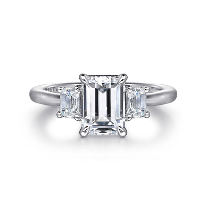 Gabriel & Co. 14 Karat White Gold Emerald Cut Three Stone Semi-Mount Engagement Ring