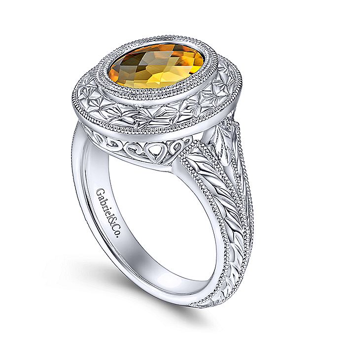 Gabriel & Co Vintage Inspired Sterling Silver Oval Citrine Ring - Ladies Silver Rings