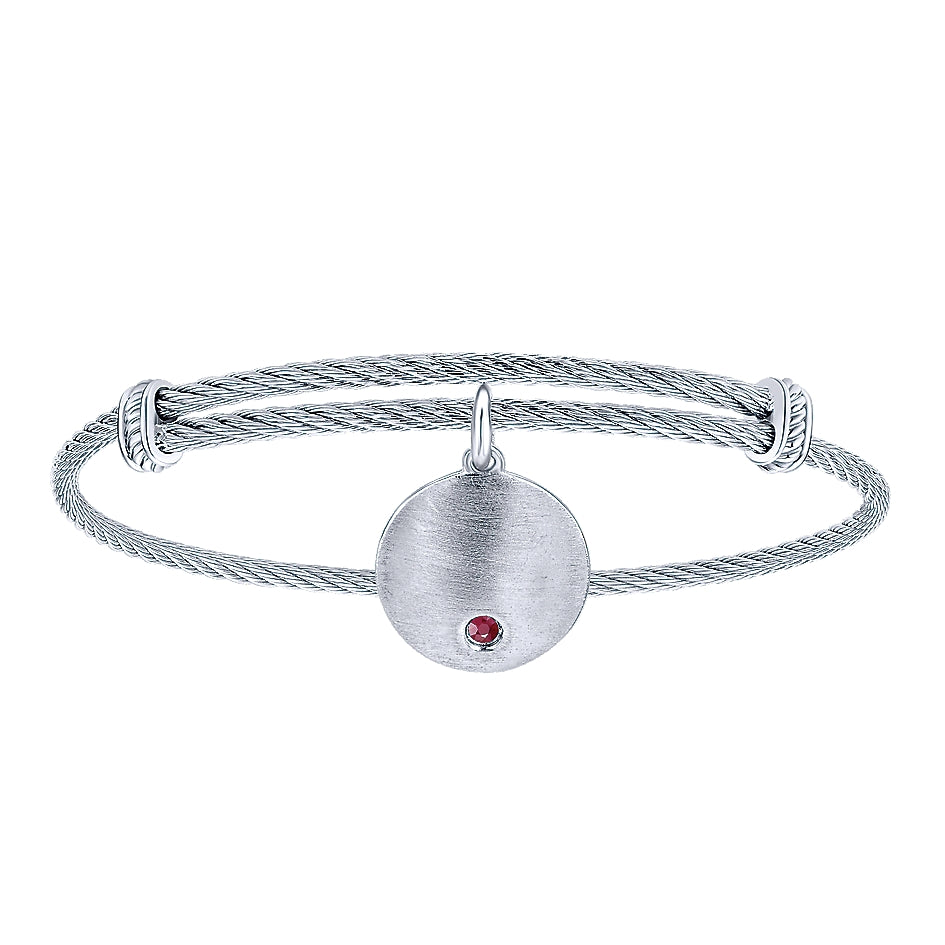 Gabriel & Co Adjustable Stainless Steel Bangle with Round Sterling Silver Ruby Stone Disc Charm