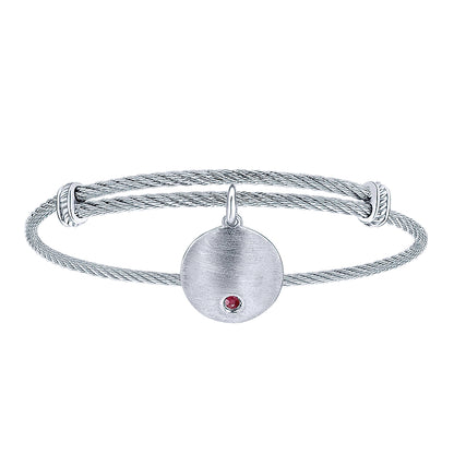 Gabriel & Co Adjustable Stainless Steel Bangle with Round Sterling Silver Ruby Stone Disc Charm