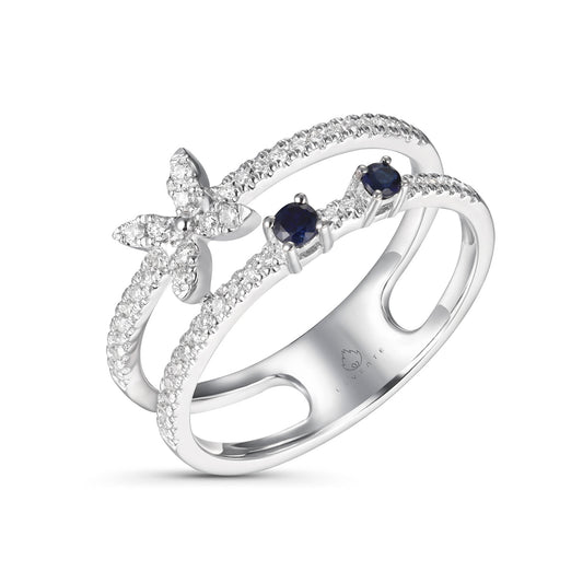 Luvente 14 Karat White Gold Two Row Diamond and Sapphire Ring - Colored Stone Rings - Women's