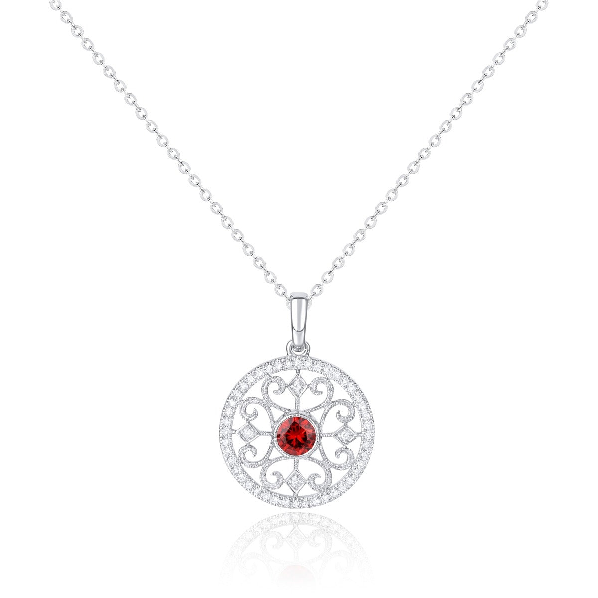 Luvente 14 Karat White Gold Round Ruby and Diamond Fillagree Pendant