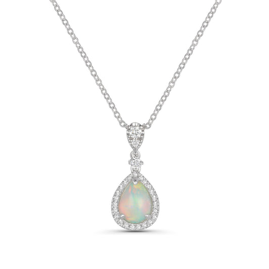 Luvente White Gold Opal & Diamond Drop Halo Pendant