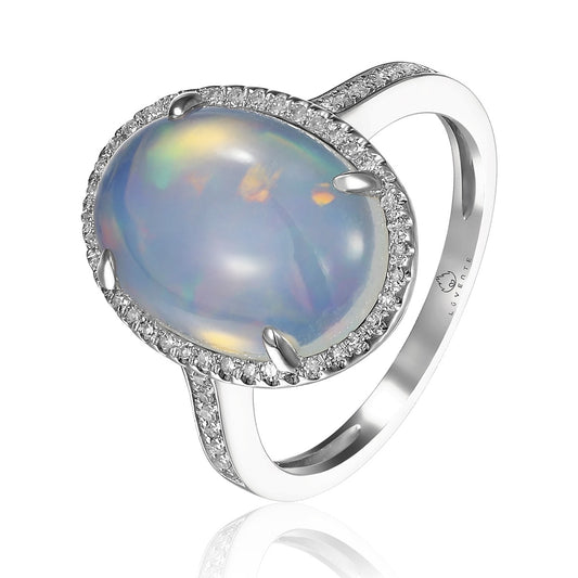 White Gold Opal Diamond Ring - Colored Stone Rings - Women's