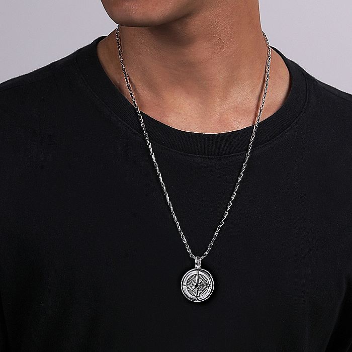 Gabriel & Co Sterling Silver Compass Pendant with Black Spinel Stone - Gents Pendant