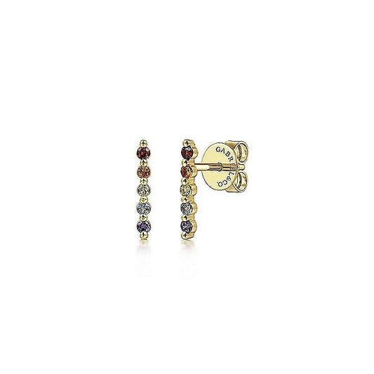 Gabriel & Co. Yellow Gold Stud Line Earrings Featuring Amethyst, Swiss Blue Topaz, Citrine, Garnet, and Peridot