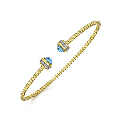 Gabriel & Co Yellow Gold Diamond and Blue Topaz Bujukan Open Bangle - Colored Stone Bracelets