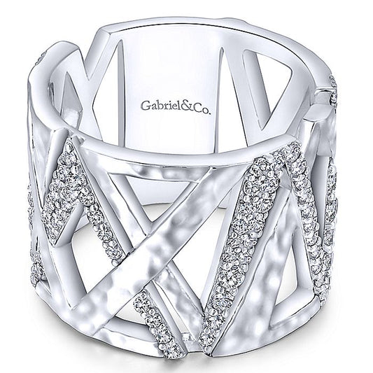 Gabriel & Co Sterling Silver Hammered White Sapphire Wide Ring