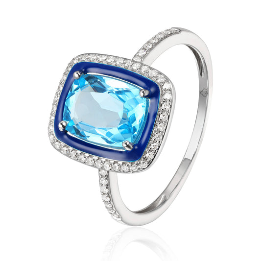 Luvente 14 Karat White Gold Rectangular Blue Topaz Enamel Diamond Halo Ring - Colored Stone Rings - Women's