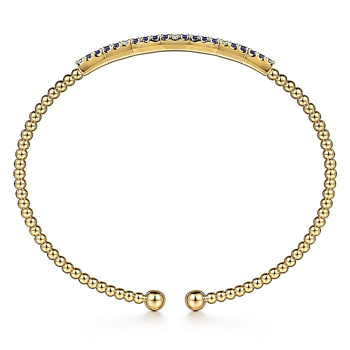Gabriel & Co. 14 Karat Yellow Gold Bujukan Diamond and Blue Sapphire Cuff Bracelet