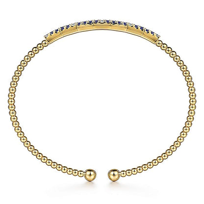 Gabriel & Co. 14 Karat Yellow Gold Bujukan Diamond and Blue Sapphire Cuff Bracelet
