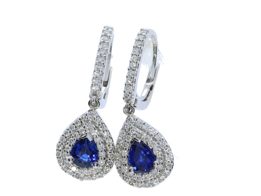 White Gold Sapphire and Diamond Dangle Earrings - Colored Stone Earrings