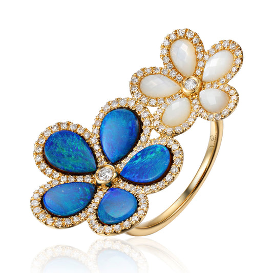 Luvente 14 Karat Yellow Gold Large Two Opal and Diamond Flower Ring - Diamond Fashion Rings - Women's