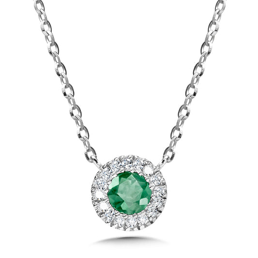 White Gold Round Halo Emerald Necklace